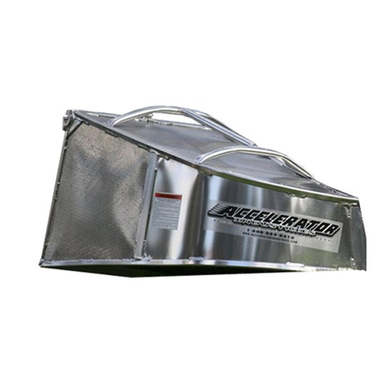 Silver aluminum lawn mower grass catcher with the brand 'Accelerator' written on the side.
